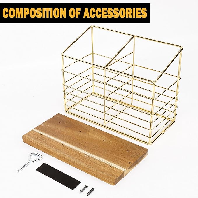 Utensil Holder for Kitchen Counter, Metal Utensil Holder Rack for Kitchen Countertop, Cooking Tools Storage for Spatula, Utensil Organizer with Wooden Base, and Drainage Hole (Gold Wooden)