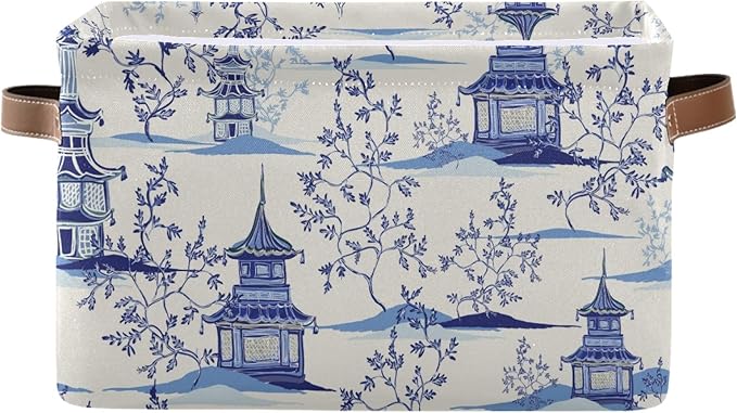 susiyo Large Closet Storage Bin Pagodas Chinoiserie Fabric Storage Baskets Collapsible Decorative Baskets Organizing Basket Bin with PU Handles for Shelves Home Closet Bedroom Living Room-2Pack