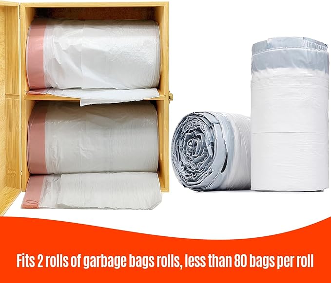 Bamboo Double Trash Bag Holder Dispenser – Wall Mount or Cabinet Storage for Kitchen/Pantry/Laundry, Holds 2 Standard Rolls – Space-Saving Garbage Bag Organizer with Easy Access