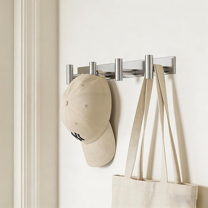 HUFEEOH T-Shaped Stainless Steel Coat Rack Wall Mount - 4 Heavy Duty Hooks for Bathroom, Mudroom Entryway, Durable Purse Hanger & Towel Rack