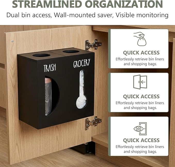 2 in 1 Trash Bag Dispenser, Double Wall Mounted,Wood Trash Bag Holder, Used in Kitchen, Garage, Laundry Room, can Store Environmentally Friendly Food Bags and Garbage Bags(Black/Large)