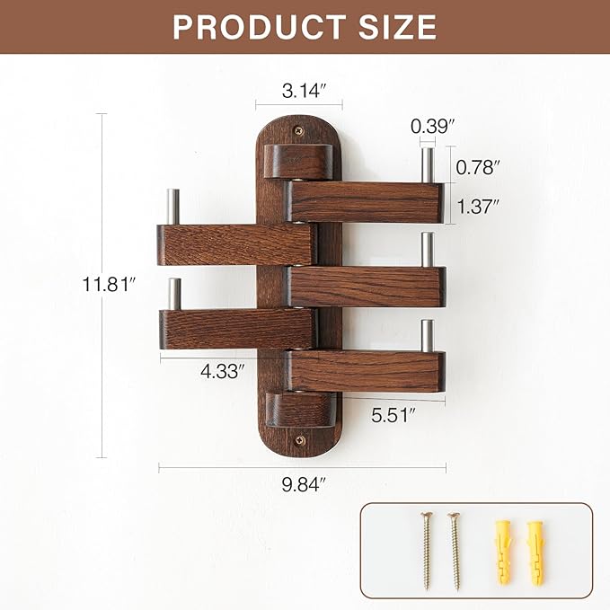 Swivel Coat Rack Oak Coat Hooks, Wood Wall Hooks with 5 Swivel Foldable Arms, 12'' Length Wall Coat Rack Hat Hooks for Bathroom Entryway Bedroom Office Kitchen, Heavy Duty (Walnut)