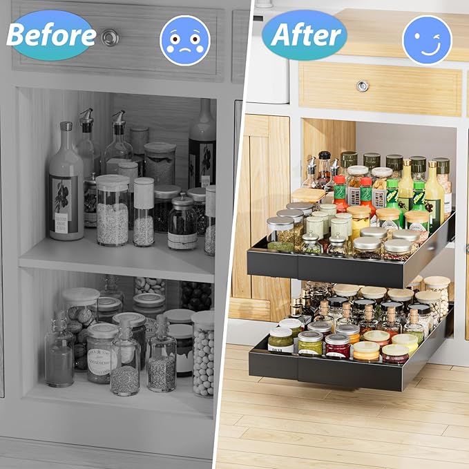 OVICAR Expandable Cabinet Organizer Drawer - Pull Out Cabinet Drawers 21" Deep Adhesive Slide Out Storage Shelf with 4pcs Divider Racks for Kitchen Pantry Bathroom Home, 12.2"-20.7" W, Black