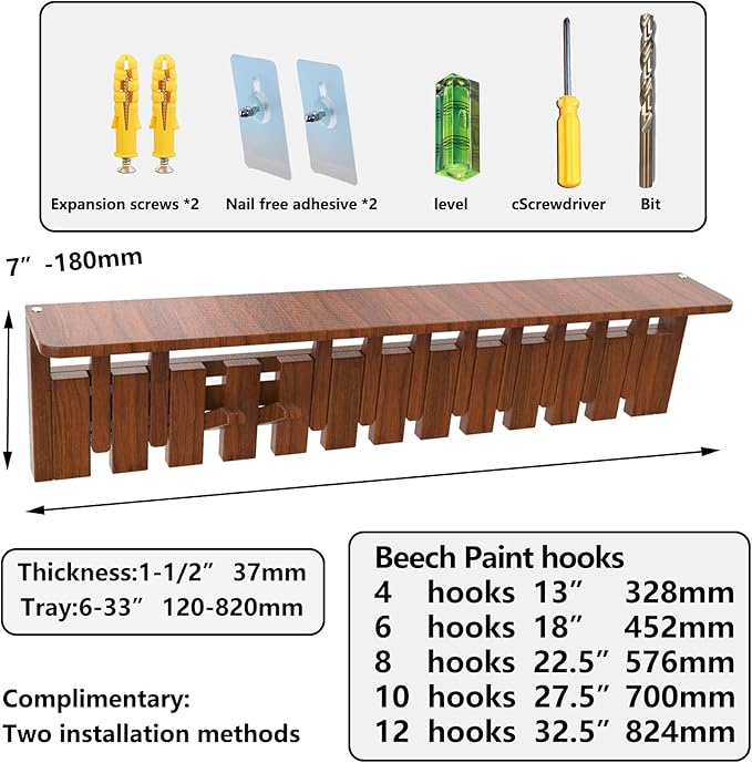 Wall Mounted Coat RackHooks Piano Key Hangers Natural Solid Wood Hanger Non-Woven Fabric Clothes Hangers for Closet, Kitchen, Bedroom, Bathroom, Entryway (Tray-Walnut, 10 Hooks)