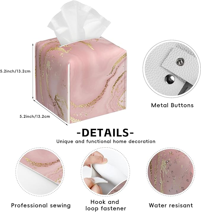 Pink Marble Tissue Box Cover Square,Tissue Box Holder with Belt Bottom,Stylish Leather Napkin Holder for Vanity Countertop,Nightstands,Office Desk,5.2"Ã5.2"Ã5.2"