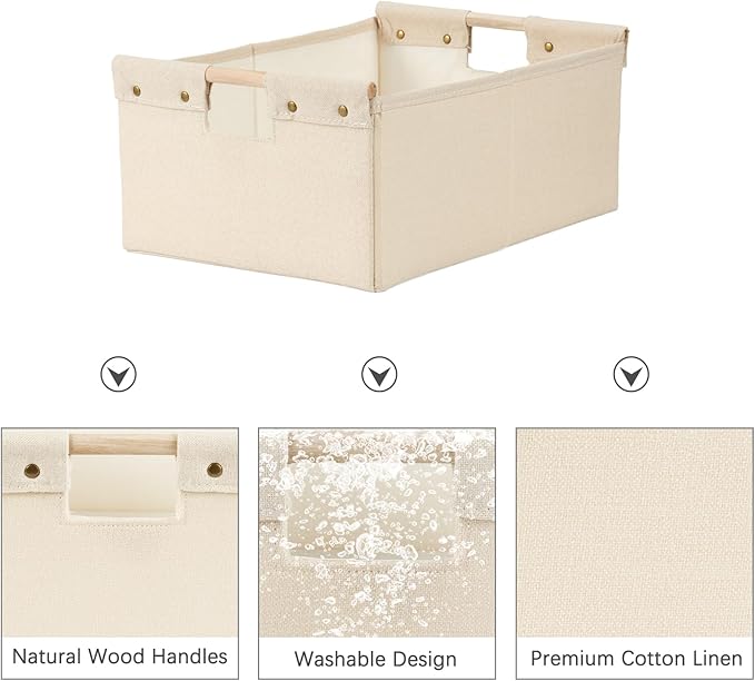 2PCS Storage Bins Cotton Linen Fabric Storage Boxes Basket with Wooden Handles Foldable Washable Decorative Shelf Container Clothes Organizer Home Laundry - Medium Size, Beige