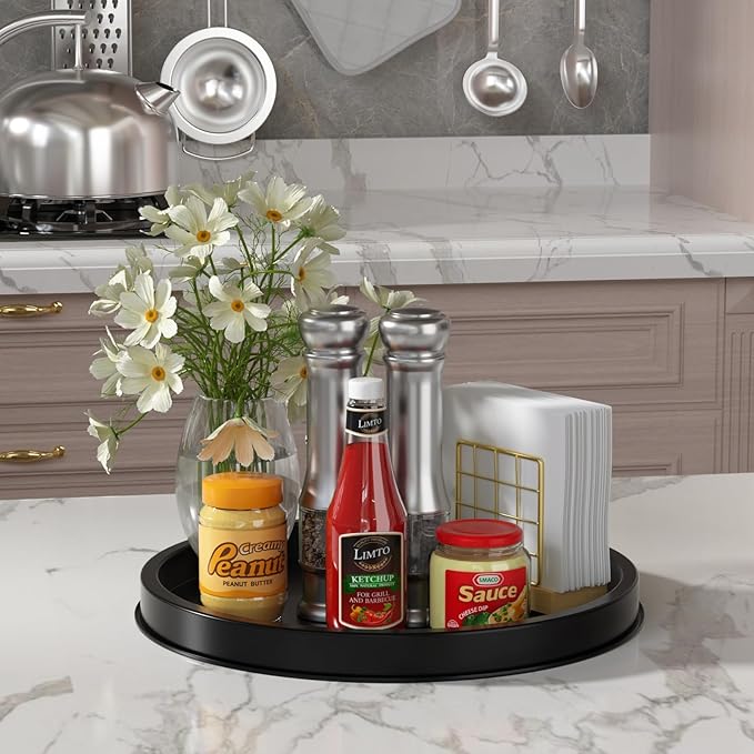 HGF Decorative Tray for Coffee Table, 12 Inch Lightweight Metal Round Serving Trays for Kitchen Counter Organizer Dining Table Centerpiece for Display Candle Vase, Black Round Tray for Bathroom Decor