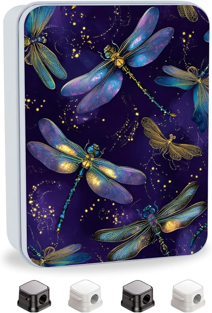 Metal Tin Box with Lid,Multi-functional Storage Large Box Can Store Tea Biscuits Game Cards, Playing & Tarot Cards-Comes with 4 Magnetic Cord Clips,Dragonflies on Purple