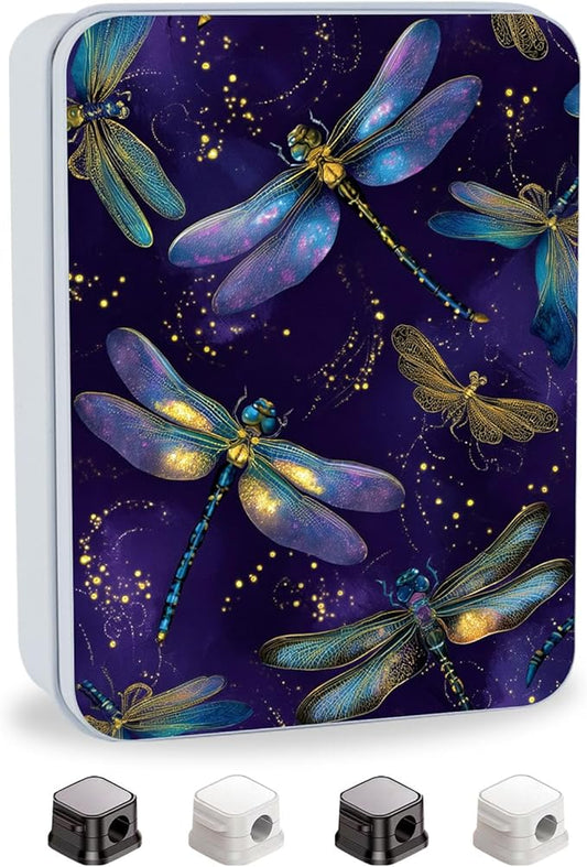 Metal Tin Box with Lid,Multi-functional Storage Large Box Can Store Tea Biscuits Game Cards, Playing & Tarot Cards-Comes with 4 Magnetic Cord Clips,Dragonflies on Purple