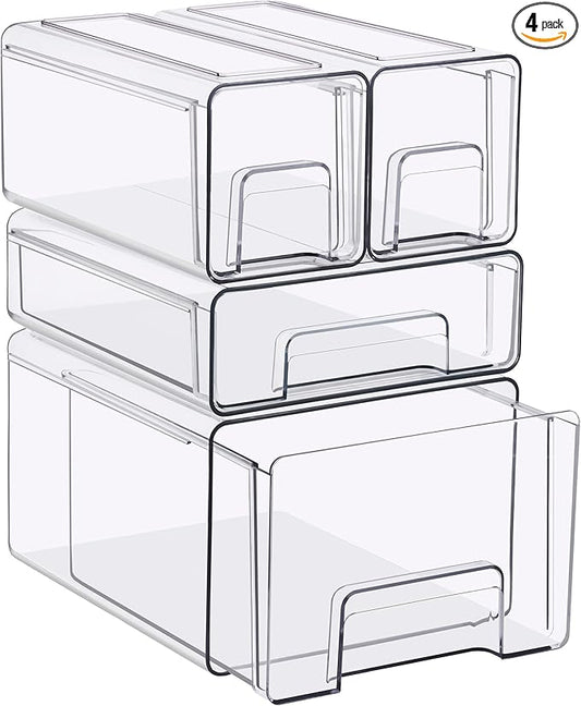 Sorbus Clear Stackable Storage Drawers, 4-Piece Set 1 Large, 1 Medium & 2 Small Pull-Out Plastic Organizer Bins with Handles for Bathroom, Closet, Pantry, Cabinet & Medicine Storage