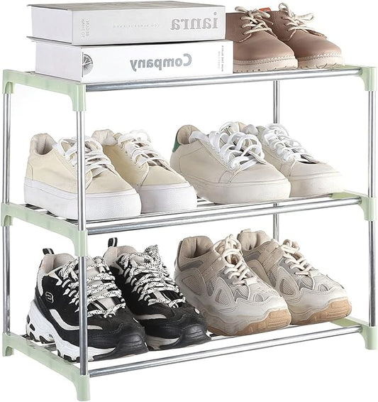 Small Shoe Rack, Narrow Stackable Shoe Shelf Organizer for Entryway, Doorway and Bedroom Closet (3-Tier, Green)