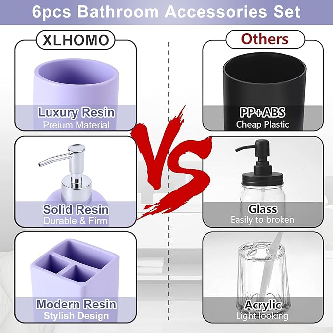 Resin Purple Bathroom Accessories Set 6Pcs - Lotion Soap Dispenser, Toothbrush Holder, Bathroom Tumbler, Qtip Holder & Vanity Tray, Modern Bathroom Countertop Organizer for Home