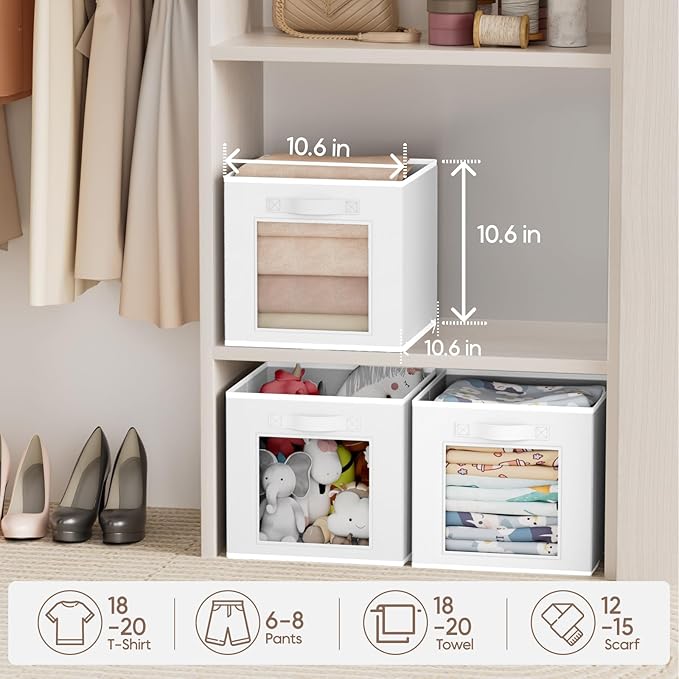 Storage Cube 11 Inch - Cube Storage Bins with Window, Closet Storage Baskets with Handle, Fabric Bins for Closet, Shelves, Toys, Clothes, Set of 8, White