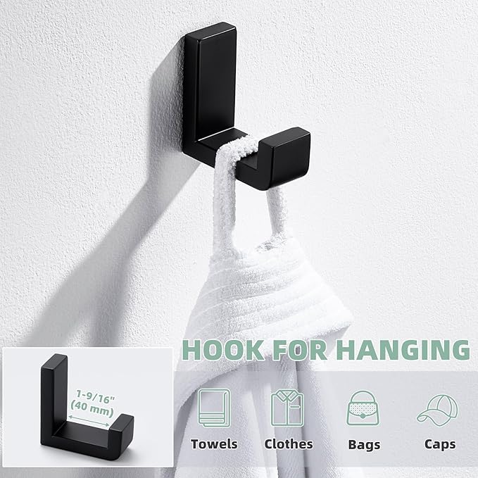 APLusee Robe Towel Hook, SUS 304 Stainless Steel Modern L Shape Practical Coat Hook, Utility Shower Towel Hanger for Bathroom Kitchen Home Storage (Matte Black)