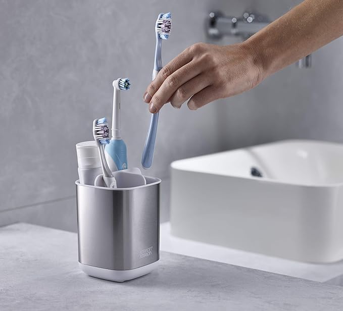 Joseph Joseph EasyStore Stainless-Steel Toothbrush Holder Bathroom Storage Countertop Organizer Caddy, Small