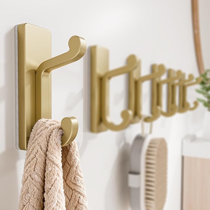 Gold Self Adhesive Wall Hooks for Coats - Stainless Heavy Duty Double Hook for Clothes, Towel, Keys, Purse, Backpack, Bag, Hat, 6 Pack Coat Hook for Door, Bathroom, Bedroom.