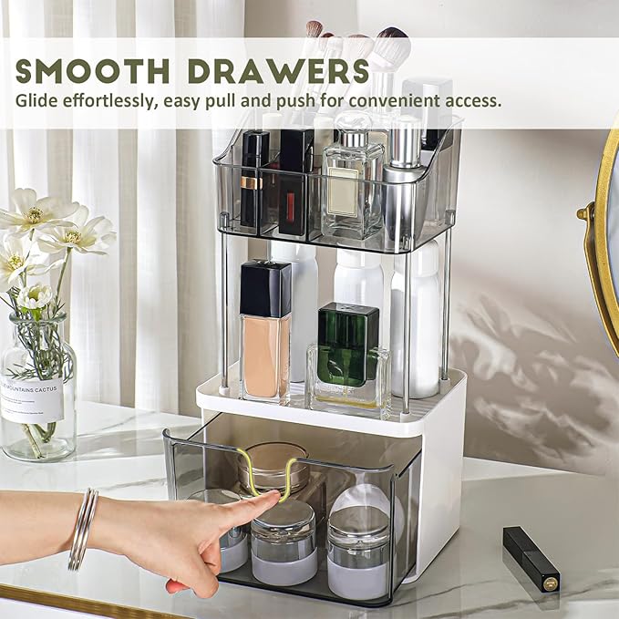 FORUP Makeup Organizer for Vanity, 2-Tier 1-Drawer Bathroom Counter Organizer, Multi-Purpose Vanity Organizer, Skincare Perfume Organizers for Vanity Bathroom Countertop, Grey
