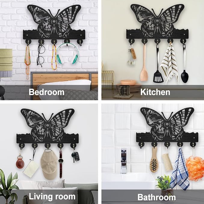 MAYJOYDIY Wooden Skeleton Butterfly Key Hook Insect Skull Coat Holder for Wall 11.8×7.8 inch Black Art Key Holder with 5 Alloy Hooks for Entryway Bedroom Living Room Home Decor