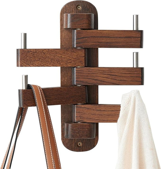 Swivel Coat Rack Oak Coat Hooks, Wood Wall Hooks with 5 Swivel Foldable Arms, 12'' Length Wall Coat Rack Hat Hooks for Bathroom Entryway Bedroom Office Kitchen, Heavy Duty (Walnut)