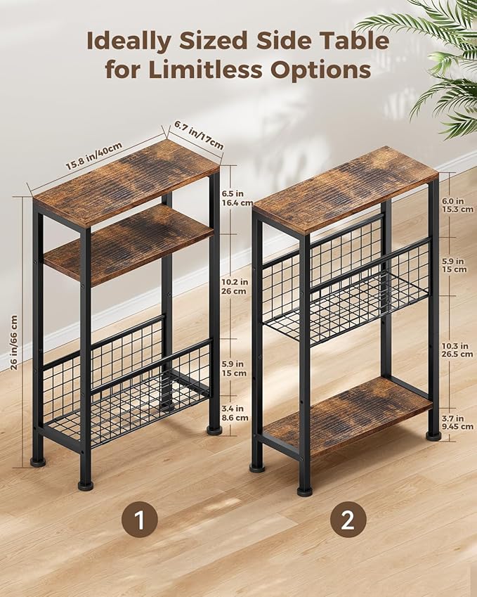 Karii Narrow Side Table, Skinny End Table for Small Spaces with Storage, 3-Tier Slim Wooden Bedside Nightstand Thin Couch Table for Living Room Bedroom Office Dorm Kitchen Bathroom (2, Rustic Brown)