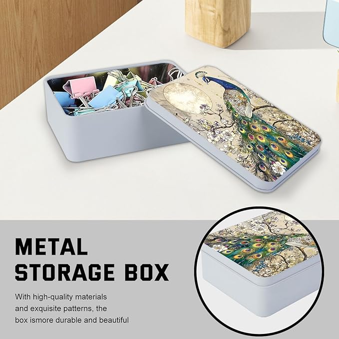 Metal Tin Box with Lid,Multi-functional Storage Large Box Can Store Tea Biscuits Game Cards, Playing & Tarot Cards-Comes with 4 Magnetic Cord Clips,Peacock by Moon