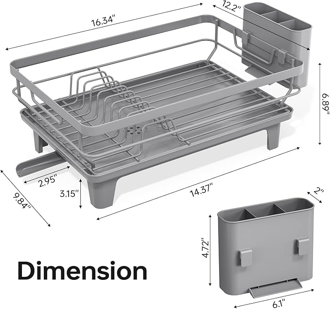 TOOLF Dish Drying Rack, Small Dish Racks for Kitchen Counter, Stainless Steel Sink Organization and Storage Essentials with Cutlery Holder, Dish Drainer, Home and Appartment Decor, Gray