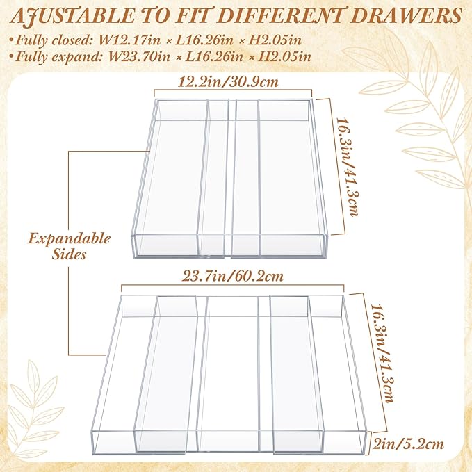 1 Pack Expandable Kitchen Drawer Organizer Clear Acrylic Utensil Organizer Adjustable Acrylic Silverware Storage for Drawers Silverware Flatware Knives (12 x 16 Inches,3-5 Compartments)