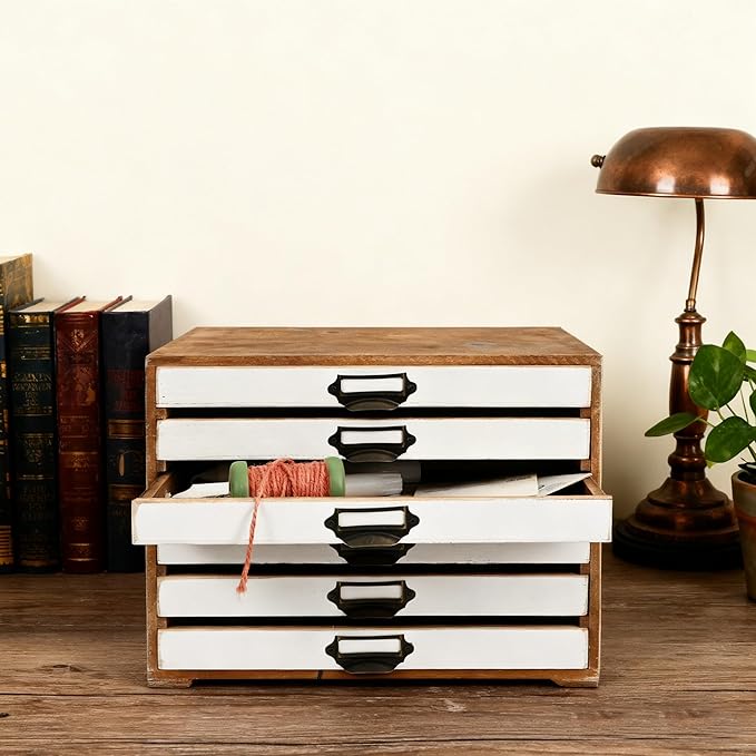 Vintage Wooden Storage Box Desktop Organizer Cabinet with 6 Drawers Rustic Farmhouse Distressed Decor Jewelry Cosmetics Craft Paper Small Tool Library Card Catalog Cabinet for Home Office Desk White