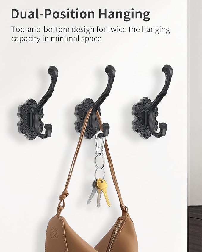 Vintage Coat Hooks Wall Mount, Unique Heavy Duty Wall Hooks for Hanging Towel Key Purse Hat Robe Clothes Decorative Hook for Bathroom Shower Closet Entryway Antique Black 4 Pack
