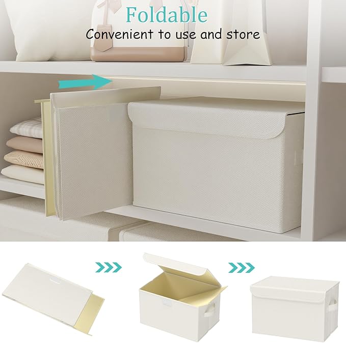 Fabric Storage Bin with Lid, Closet Boxes with Cover, Collapsible Stackable Organizer Basket with 2 Handles, for Home and Bedroom, 2 Pack, Beige, 10.2 x 7.9 x 6.7 In, XSNY12BES-2