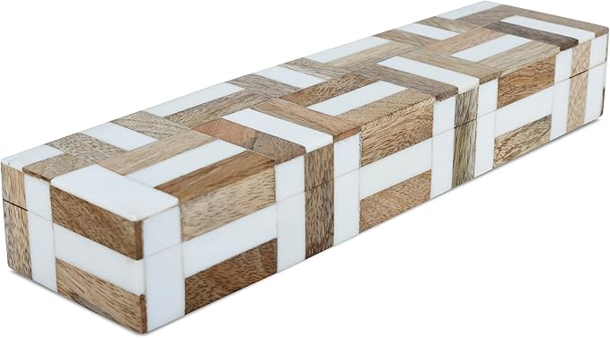 Handicrafts Home White Decorative Box with Lid–Marquet Resin Inlay & Wood Decorative Boxes for Home Decor, Decor, Storage Box for Jewellery & Keys White Brown Neutral Decorative Storage Box-10x2.5x1.5
