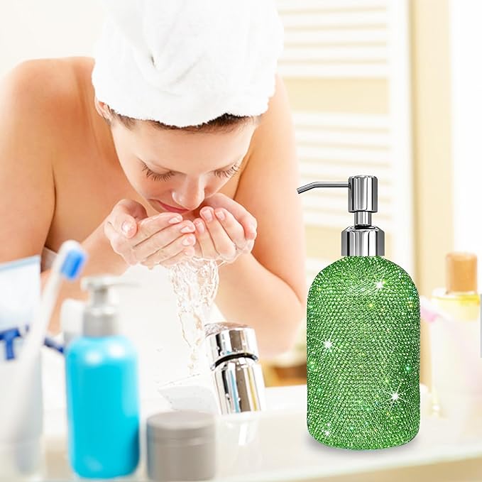 SlowVibes 18Oz Bling Green Soap Dispenser with Rust Proof Stainless Steel Pump,Refillable Liquid Hand Wash Bottle for Bathroom Kitchen,Sparkle Decorative Shower Dispenser,Rhinestone Lotion Dispenser