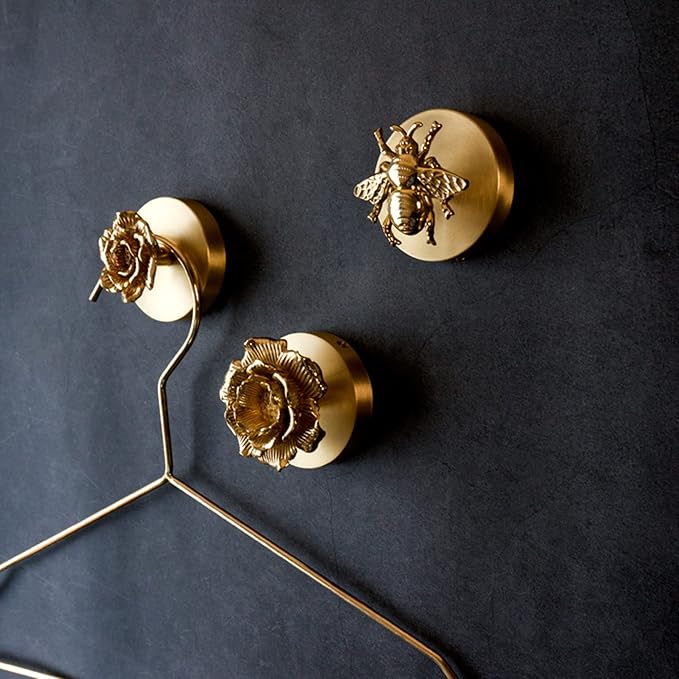 Brass Bird Coat Rack Robe Wall Hooks Hat Dragonfly Hanger for Bedroom Kitchen Various Shapes Animal Deer Decor Home Accessories (1, Rose Flower)