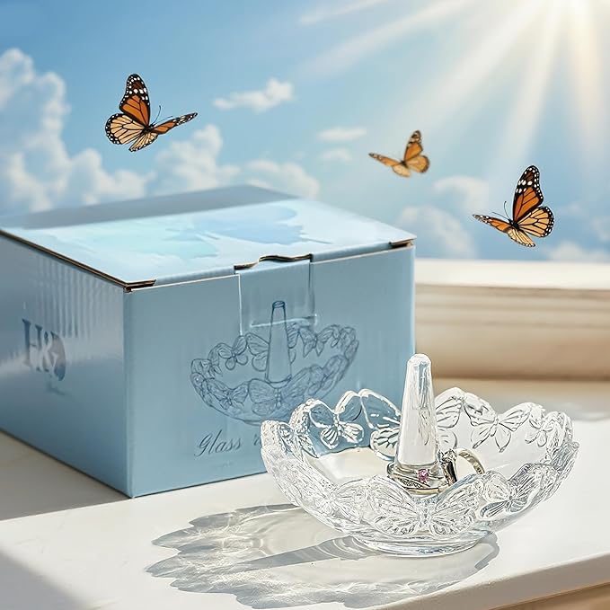 kanpura Crystal Glass Jewelry Tray with Butterfly Pattern Decorative Trinket Dish for Rings Earrings Necklaces Birthday Mother's Day Gift for Women, 4 ", Clear