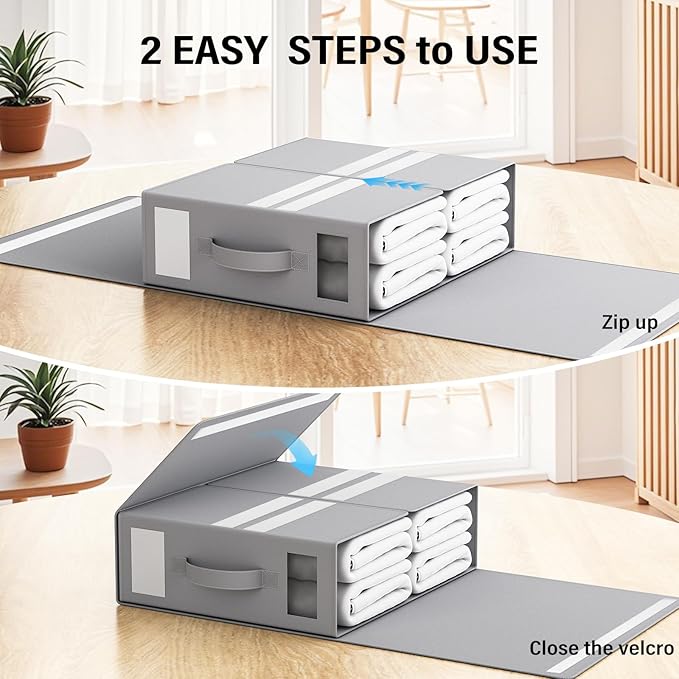 Foldable Bedding Organizer, Fabric Storage Bins for Bed Sheets, Duvet Covers and Pillowcases, Closet Organizer, Storage Container Boxes for Blankets, Clothes (2 pack(Full or Twin), Grey)