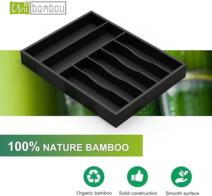 Sliverware Organizer, Bamboo Kitchen Drawer Organizer, Flatware Organizer Tray Holder for Sliverware, Utensil & Cutlery (Black, 7 Slots)