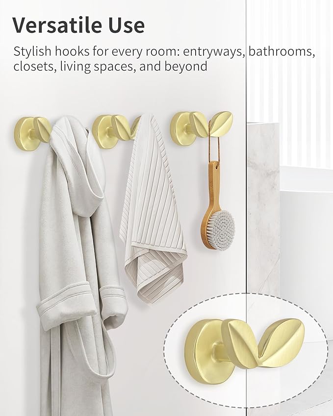 Decorative Coat Hooks Wall Mount, Unique Wall Decor Hooks for Hanging Towel Key Purse Hat Robe Clothes Cute Dual Leaves Hanger Hook for Bathroom Shower Closet Entryway Brushed Brass 4 Pack