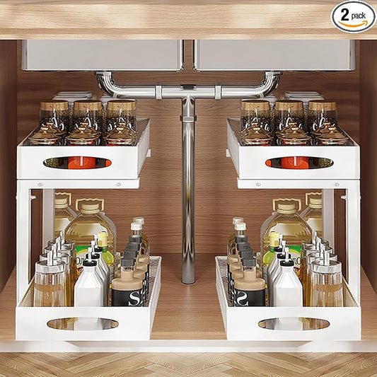 2Pack Under Sink Organizer 2 Tier Kitchen Spice racks and Storage – Pull Out Cabinet Organizer for Cleaning Products, Pantry Organization(White)