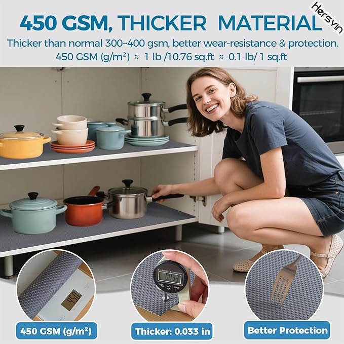 Hersvin Shelf Liners, 12in x 20ft Kitchen Drawer Mats, Non-Adhesive EVA Cupboard Protector, Cabinet Lining (Dark Gray/Dot)