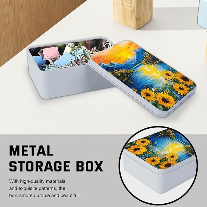 Metal Tin Box with Lid,Multi-functional Storage Box Can Store Tea Biscuits Game Cards, Playing & Tarot Cards-Comes with 4 Magnetic Cord Clips,Sunset Mountain Lake