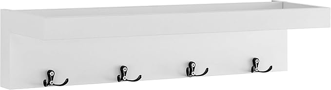 Danya B Wall Mounted Entryway Floating Coat Rack with Four Hanging Hooks and Decorative Ledge Shelf - Great for Entryways, Hallways, Bedrooms, Kitchens, and Bathrooms - White