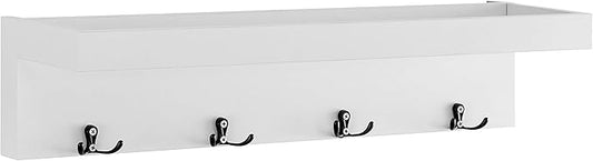 Danya B Wall Mounted Entryway Floating Coat Rack with Four Hanging Hooks and Decorative Ledge Shelf - Great for Entryways, Hallways, Bedrooms, Kitchens, and Bathrooms - White