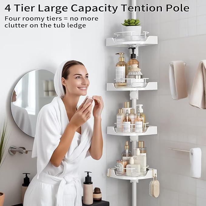 360° Rotating Corner Shower Caddy Tension Pole Organizer - 4-Tier Adjustable Rustproof Metal Pole, Plastic Shelves with Safety Guardrail, Bathroom Storage for Shower & Bathtub(White)