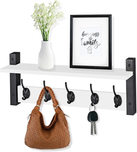 Sorbus Coat Hooks Wall Mount with Shelf – 24 Inch Coat Rack Wall Mount with 5 Heavy Duty Hooks – Floating Wall Shelf with Hooks for Entryway, Bathroom, Bedroom, Kitchen, or Mudroom (White)