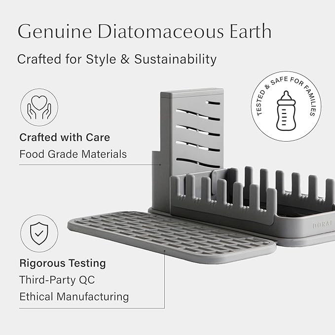 Dorai Home Collapsible Dish Drying Rack with Stone Dish Pad - Kitchen Counter Set with Diatomaceous Earth Stone Dish Mat for Quick Drying - Space-Saving Design - Original 19.9"x15.2", Slate