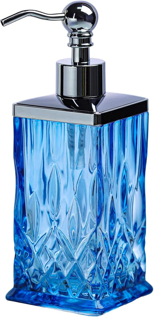 10Oz Blue Glass Soap Dispenser with Silver Pump,Lead-Free Thick-Cut Glass,Countertop Soap Dispensers for Bathroom & Kitchen,Square