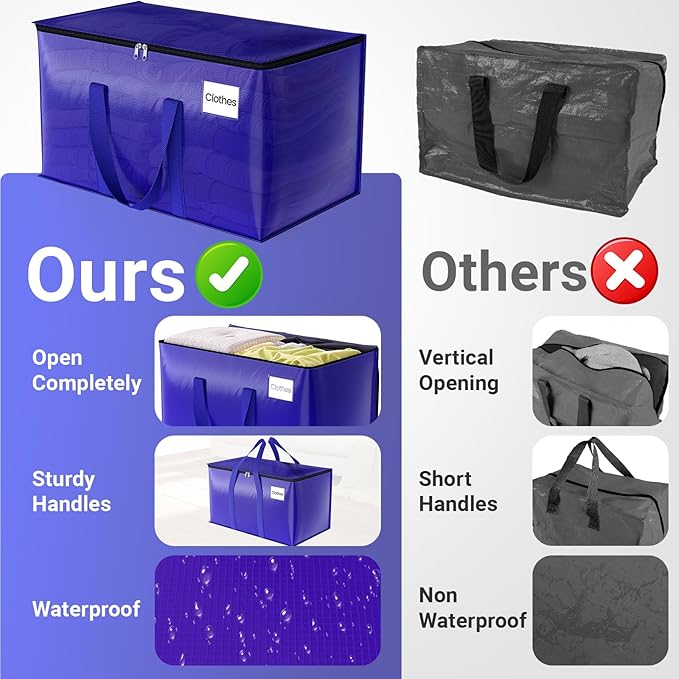 Moving Storage Bags, Moving Supplies Packing Boxes for Moving, Camping, College Dorm Room Essentials for Girls, Blue Tote Bags, Heavy-Duty Storage Bins With Lids And Zippers, 93L 2 Pack