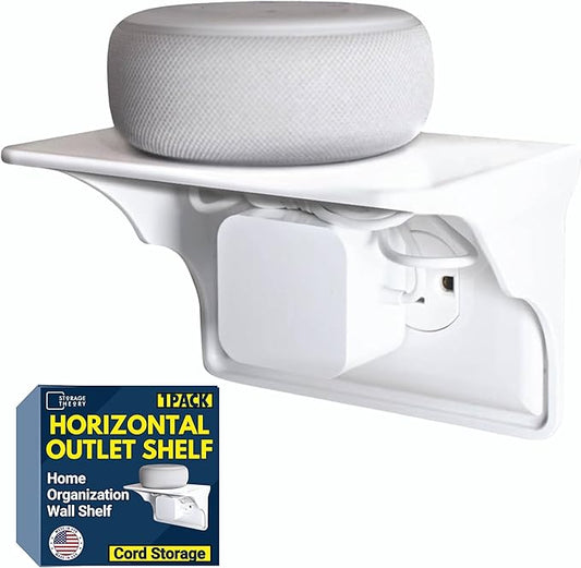 Power Perch Horizontal Wall Outlet Shelf with Cord Storage Strap - Declutter & Reclaim Bathroom Counter Space - Alexa Stand, Apple Homepod Shelf, Toothbrush Holders Wall Mounted - White, 1-Pack