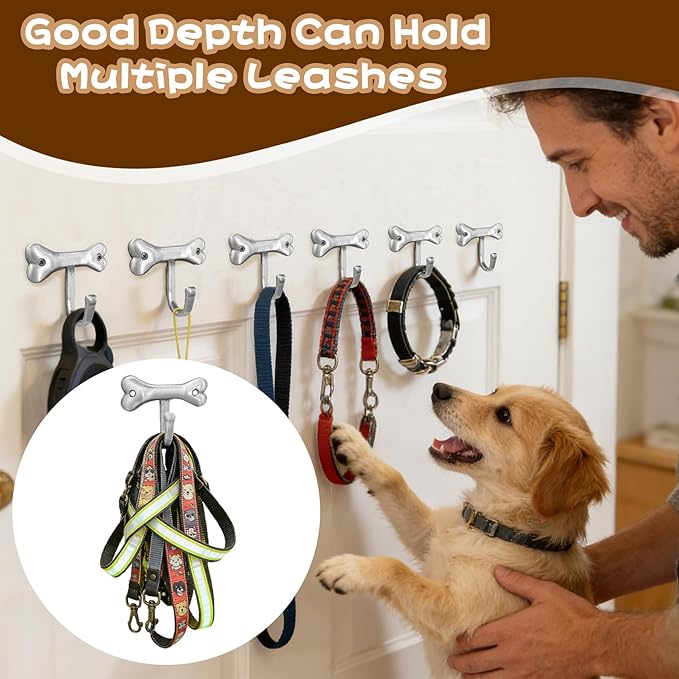 6PC Dog Bone Shaped Hooks Wall Mount Pet Leash Hook Cat Leash Holder for Wall Cute Coat Hooks Key Holder for Entryway Hallway Kitchen Office, Great Gift for Dog and Cat Lovers(Antique Silver)