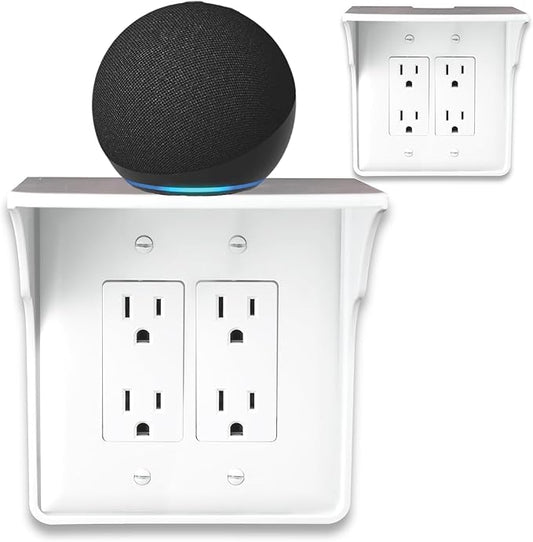 Power Perch Double Wall Outlet Shelf with Cord Storage Strap - Declutter & Reclaim Bathroom Counter Space - Echo Dot Stand, Homepod Mini Wall Mount Organizer by Beratek - White, 2-Pack